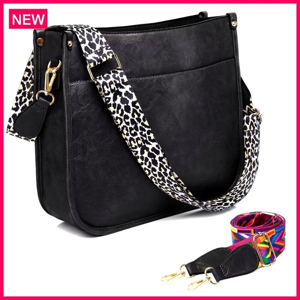 Vegan Leather Crossbody Bag with Adjustable Guitar Straps, Multiple Pockets
